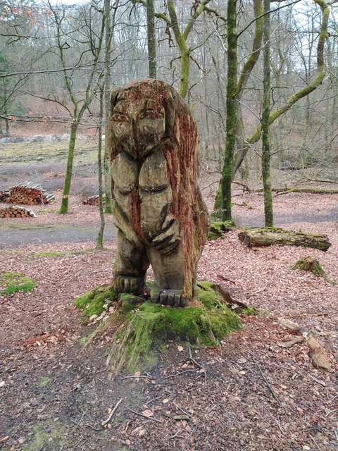 Billedet viser en træskulptur, skabt af Kirsten og Uffe Gitz Johansen og elever fra Tolne Efterskole i samarbejde med foreningen Tolne Skovpavillion, 1999.